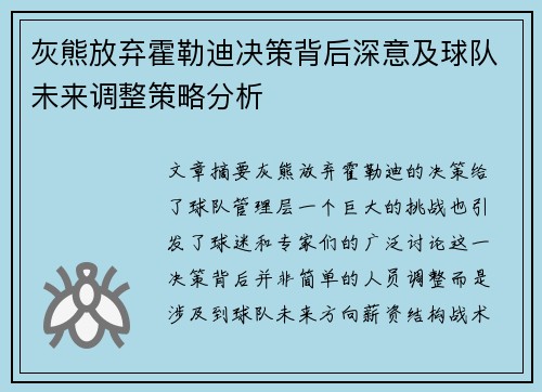 灰熊放弃霍勒迪决策背后深意及球队未来调整策略分析